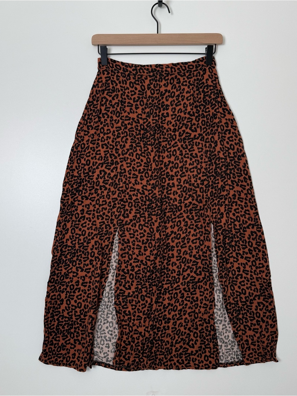 American Eagle Outfitters Rust Brown and Black Leopard Print Midi Skirt
